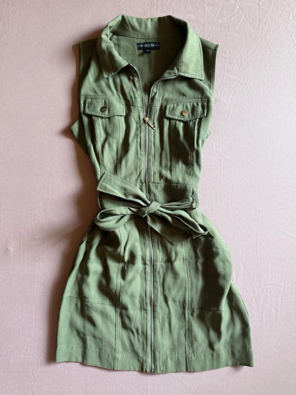 Guess Olive Green Sleeveless Zip Utility Dress